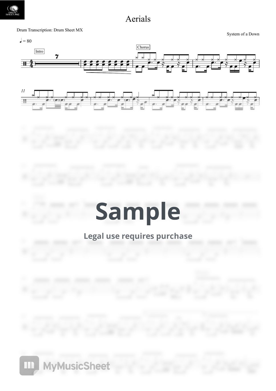 System of a Down - Aerials Sheets by Drum Transcription: Drum Sheet MX