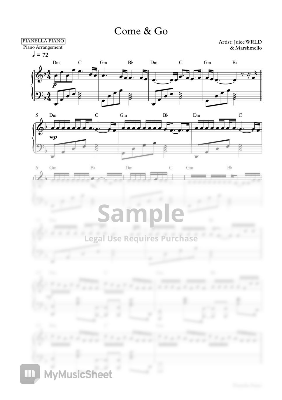 Juice WRLD & Marshmello - Come & Go (Piano Sheet) by Pianella Piano