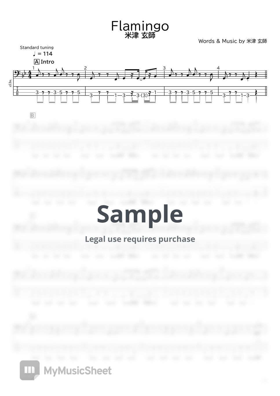 米津 玄師 - Flamingo by たぶべー＠財布に優しいベース楽譜屋さん（BASS・TAB譜）