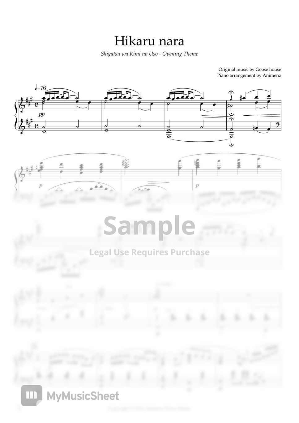 hikaru nara Sheet Music - hikaru nara Score •