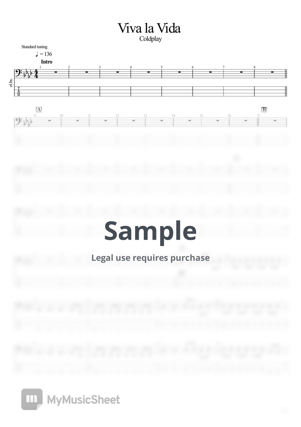 Coldplay Viva la Vida (베이스 악보 / 타브 포함) Tab + 1staff by BassBlur