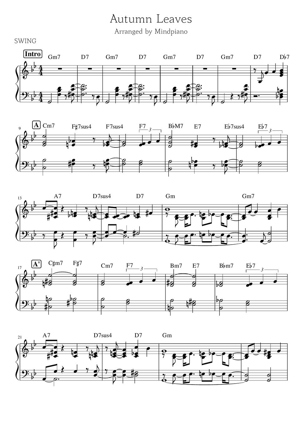 Joseph Kosma Autumn Leaves (Swing Jazz Piano) Sheets by Mindpiano