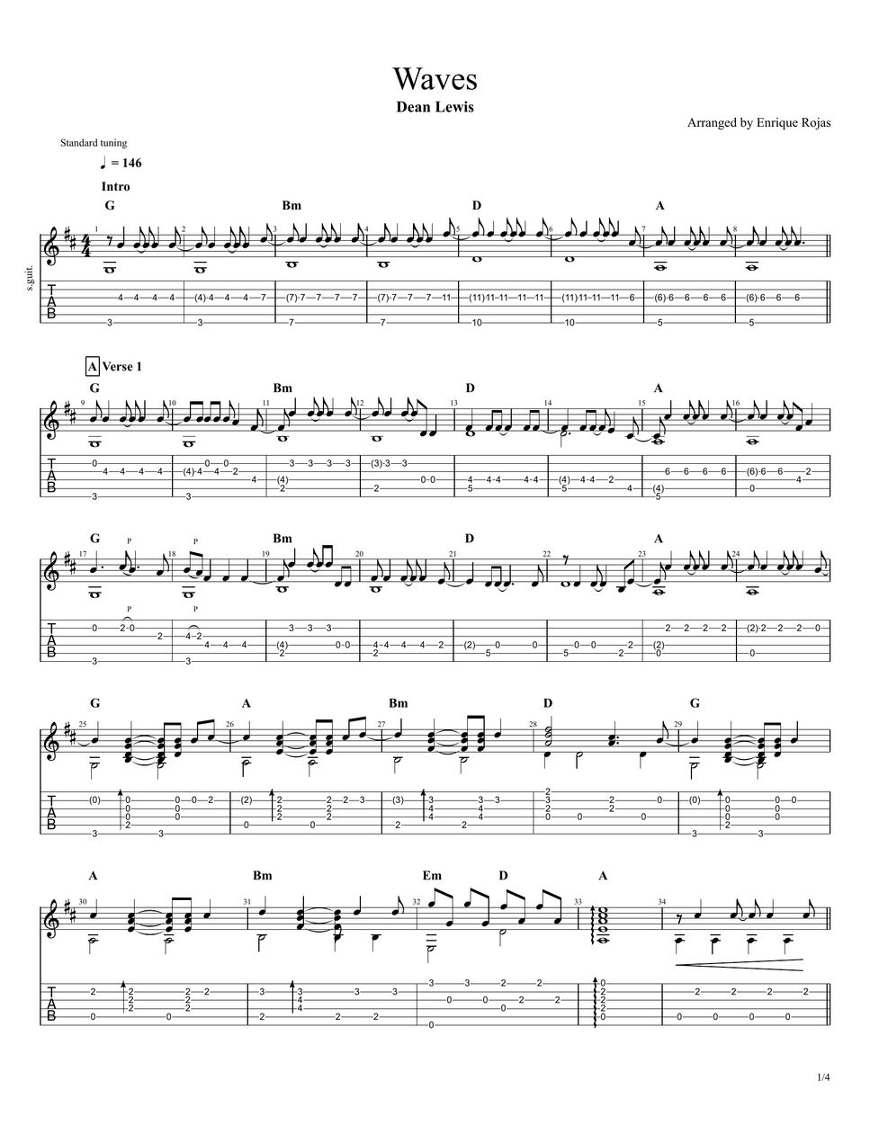 Dean lewis waves fingerstyle guit sheet by enrique rojas