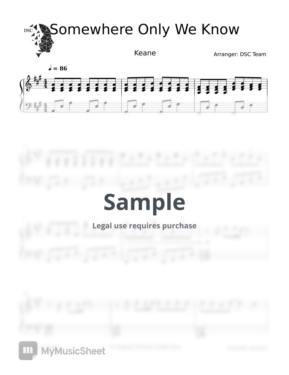 Keane Somewhere Only We Know lyrics sheet with piano notes