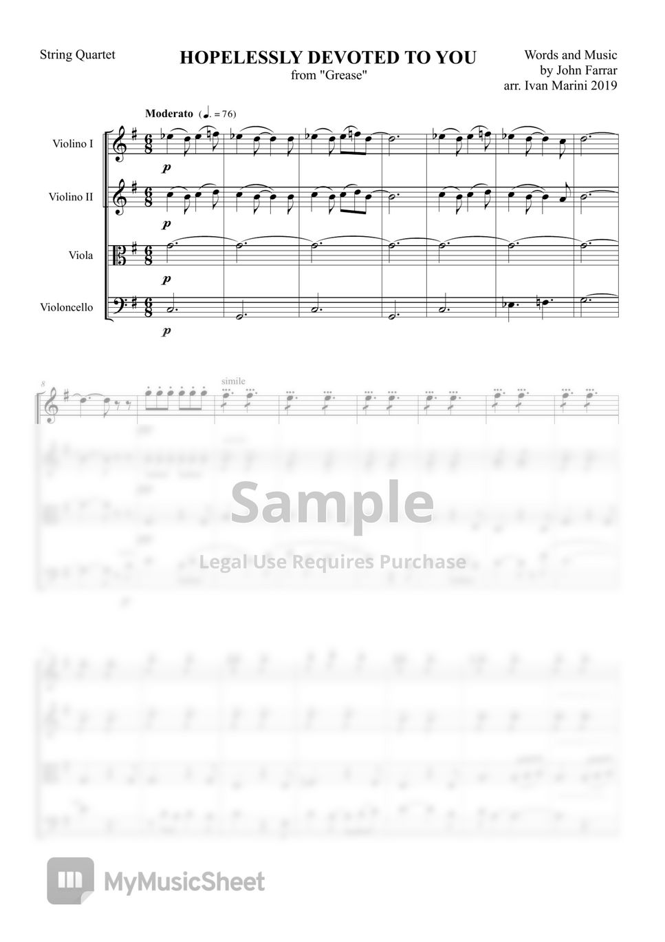 Olivia NewtonJohn HOPELESSLY DEVOTED TO YOU (for String Quartet) 악보