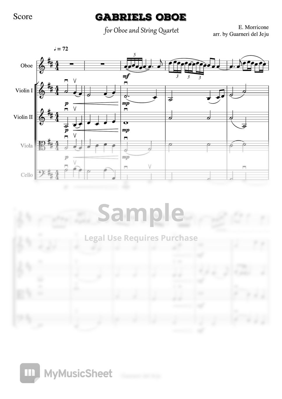 E. Morricone Gabriel's Oboe for Oboe and String Quartet Sheets by