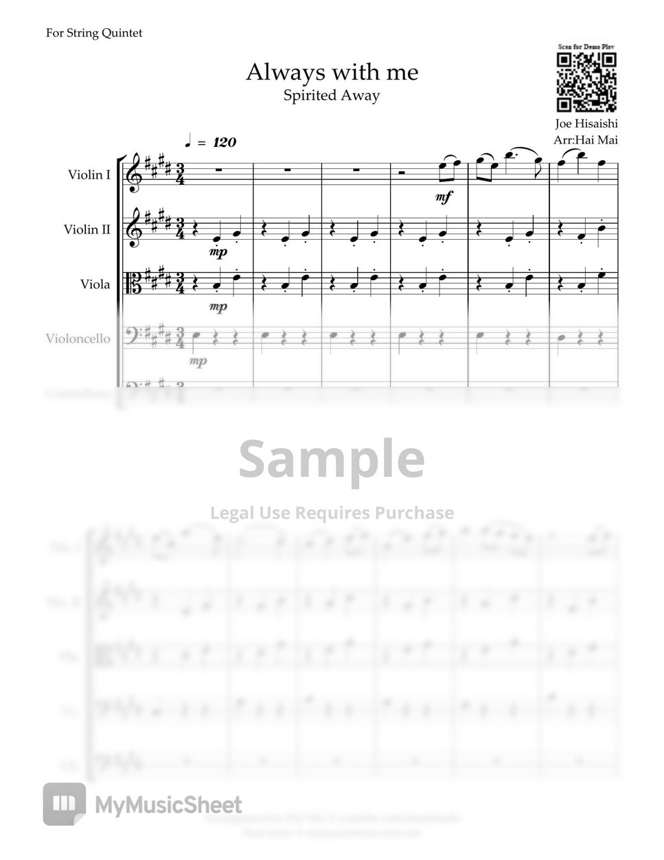 Spirited Away Always With Me for String Quintet Sheets by Hai Mai