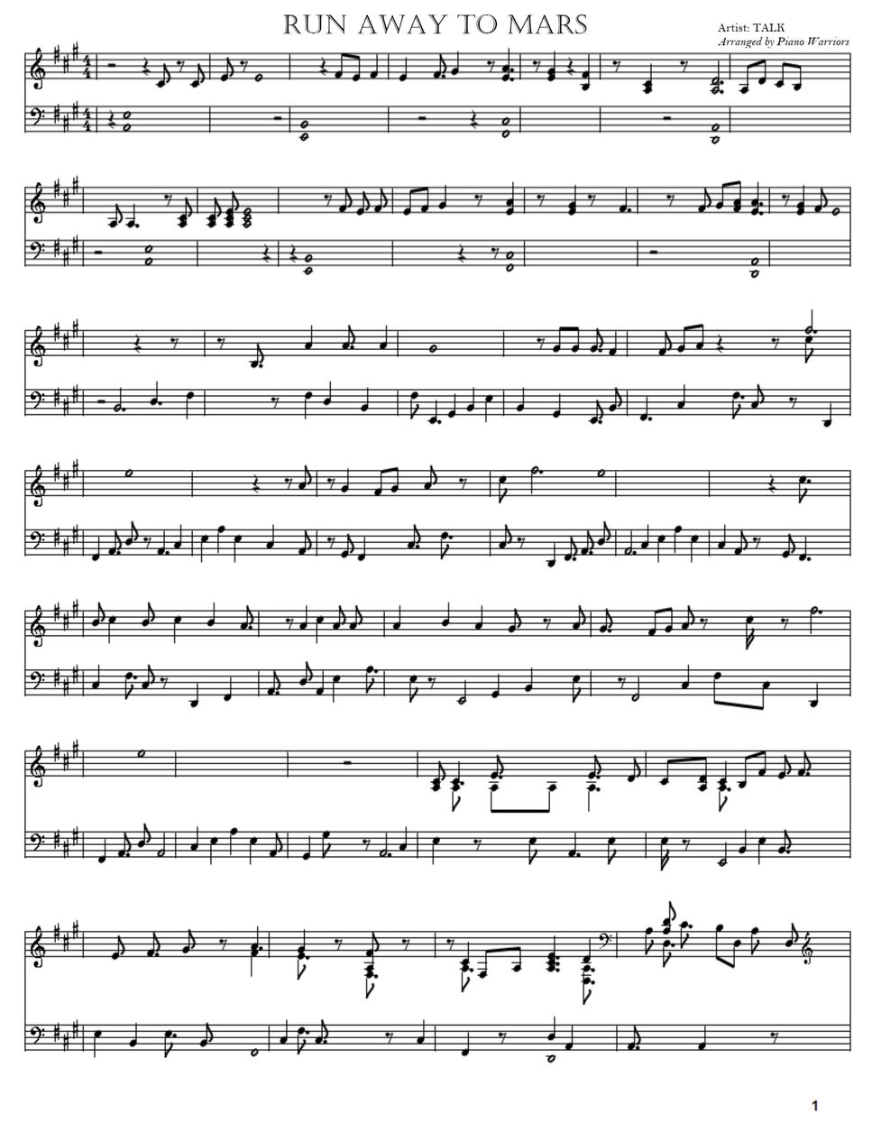 Talk run away to mars partition musicale by piano warriors