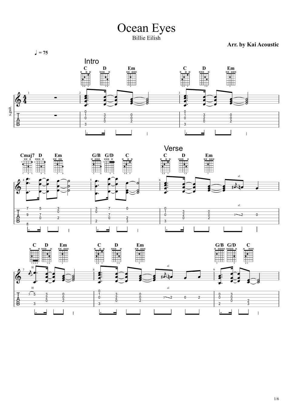 Billie Eilish Ocean Eyes Fingerstyle Guitar Tutorial TAB Sheets by