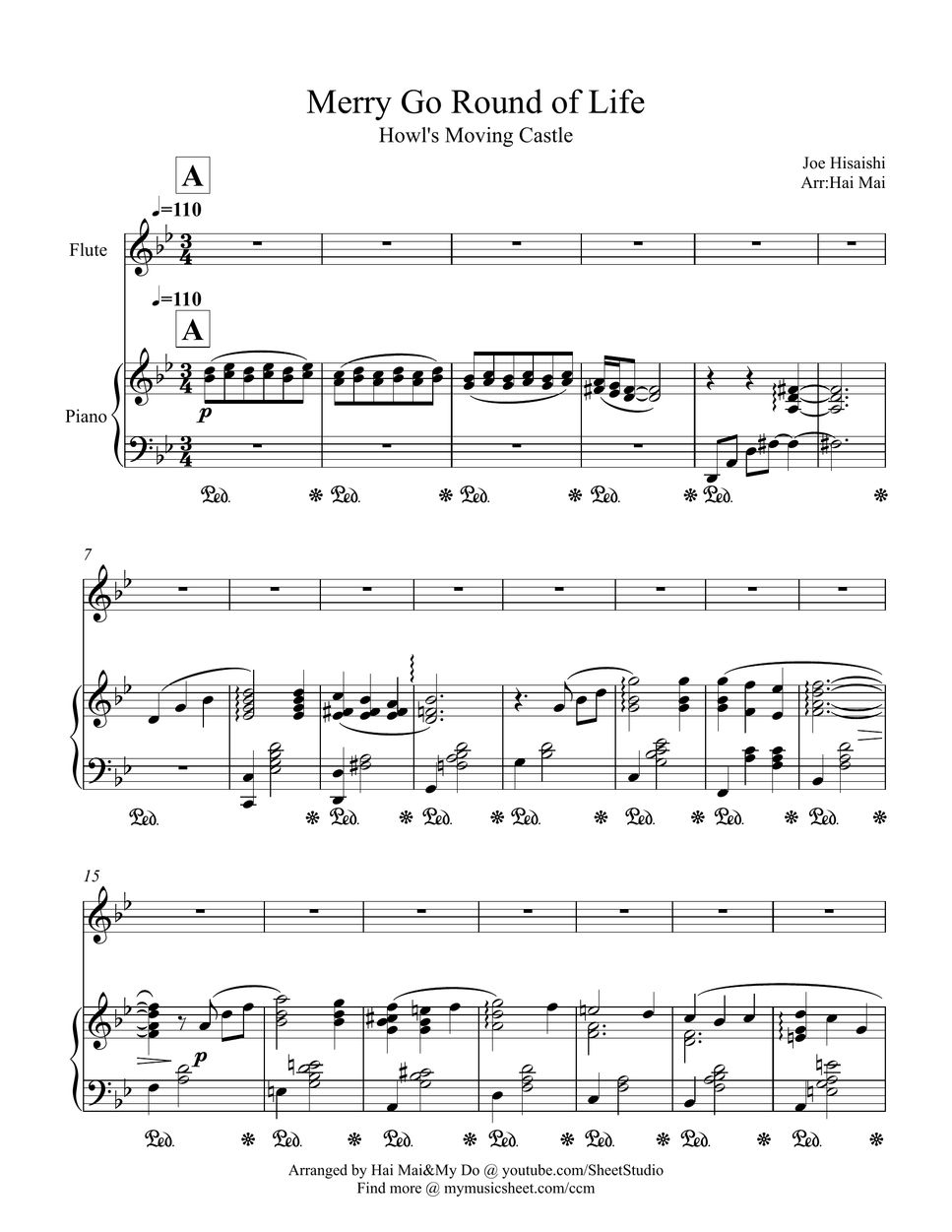 Joe Hisaishi Merry Go Round of Life for Flute solo and Piano Sheets by Hai Mai