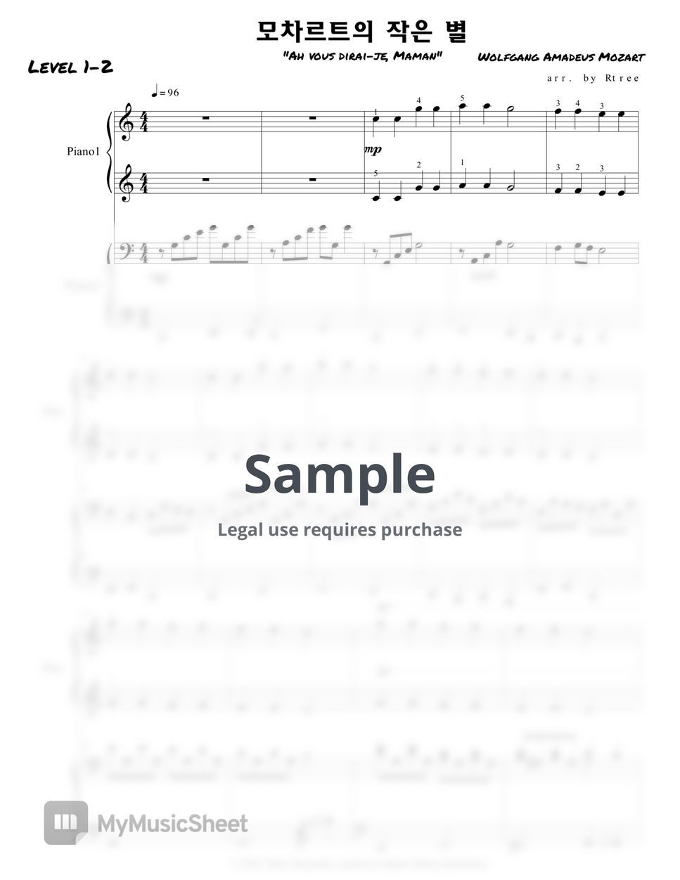 W.A.Mozart (모차르트) - 반짝반짝 작은별 변주곡Variation(for 4 hands) (윗성부쉬움(바이엘2-3권)) by Rtree