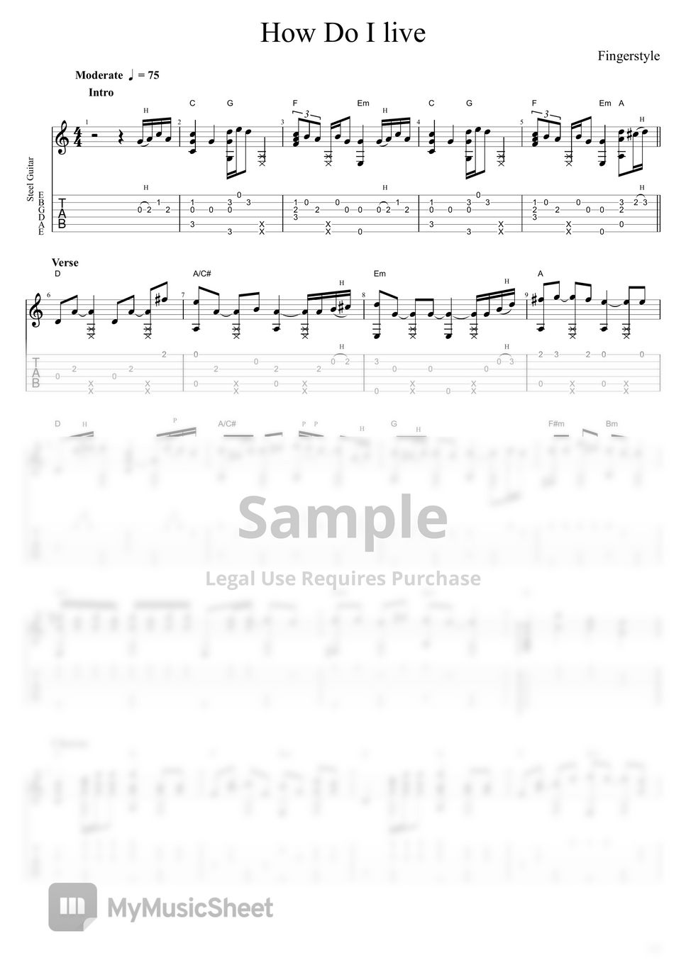 Con Air How Do I live (Acoustic Fingerstyle Guitar) Tab + 1staff by
