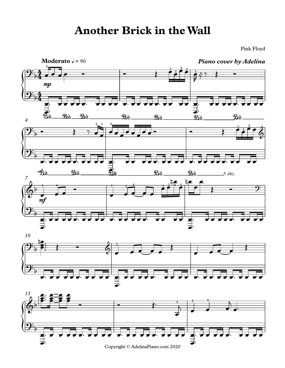 Pink Floyd Another Brick in the Wall Sheet by Adelina Piano