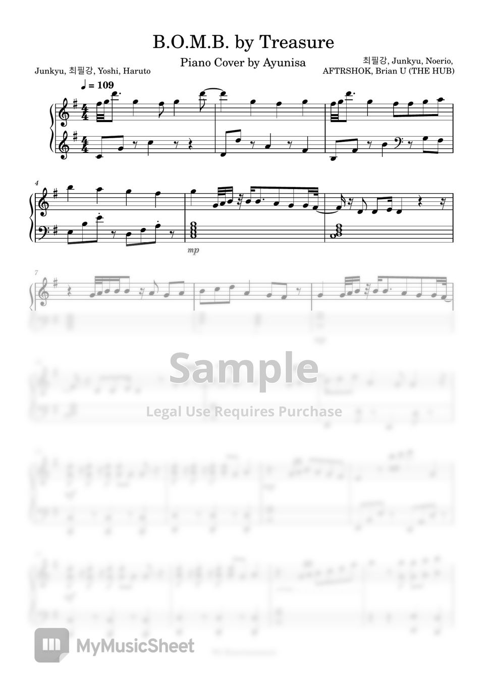 트레저 - B.O.M.B (Piano Solo Short Version easy level for Beginner) Sheets ...