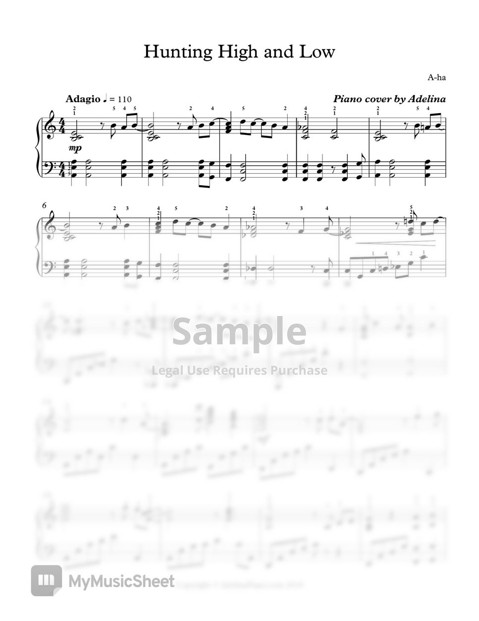 Aha Hunting High and Low Sheets by Adelina Piano