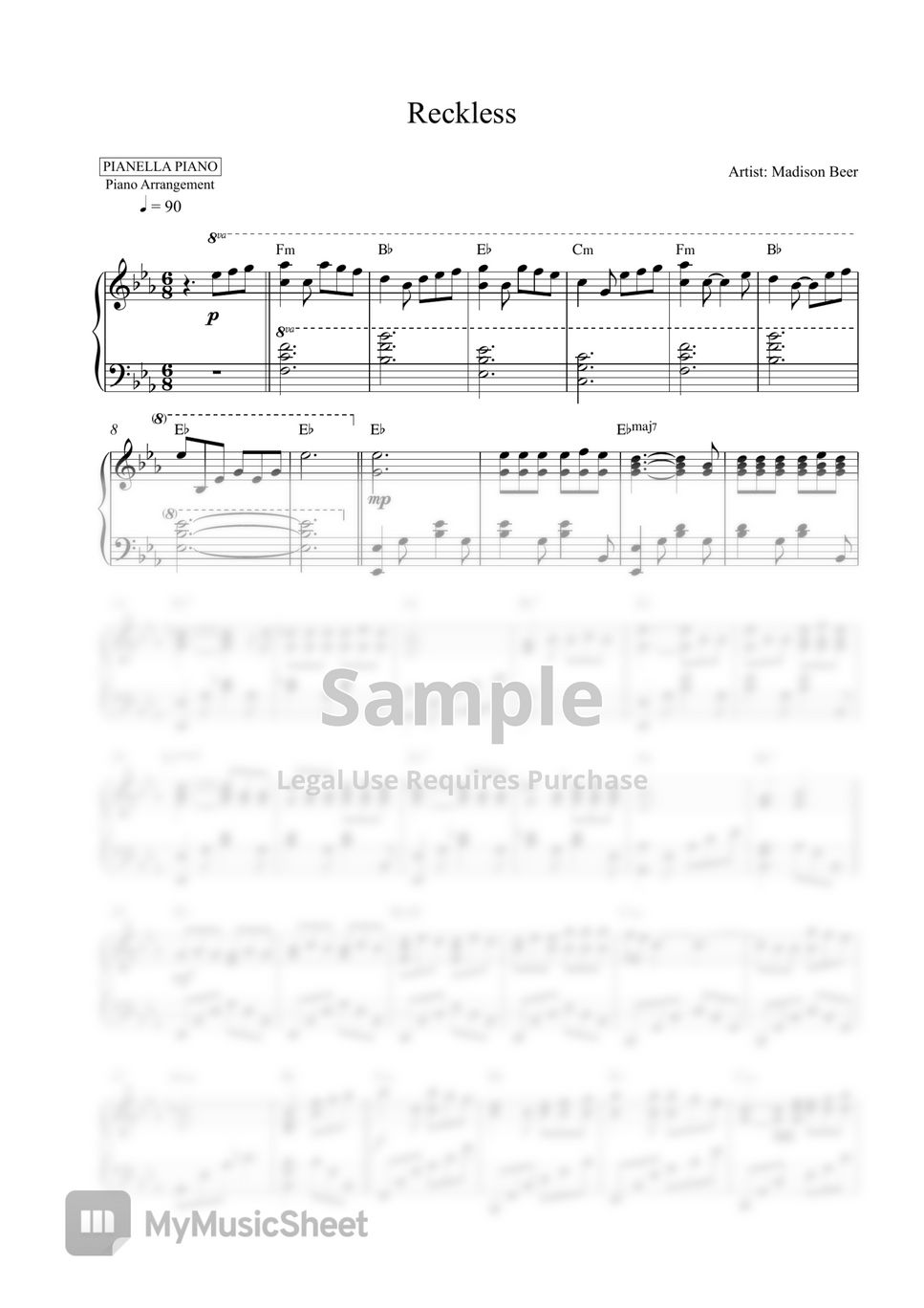 Madison Beer - Reckless (Piano Sheet) by Pianella Piano