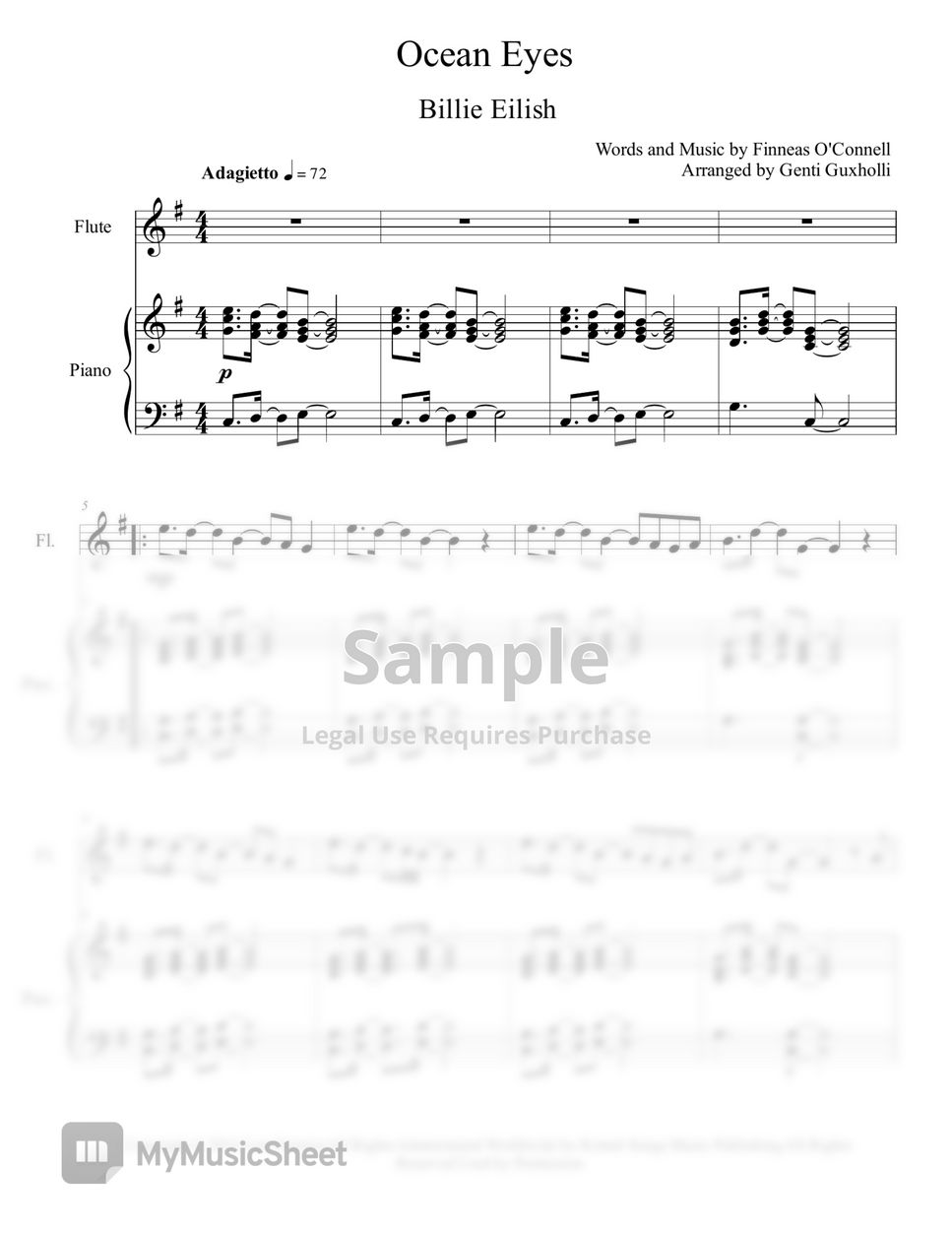 Billie Eilish Ocean Eyes Flute Solo With Piano Accompaniment Sheets By Genti Guxholli 