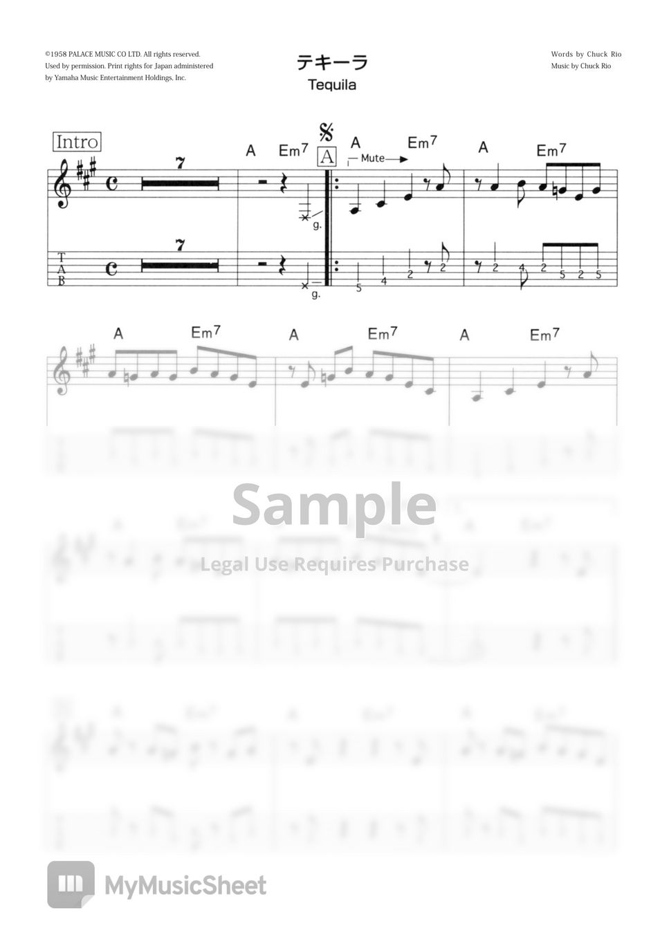 THE VENTURES TEQUILA (VENTURES SOUND ELECTRIC GUITAR) Sheets by Far East Island Record