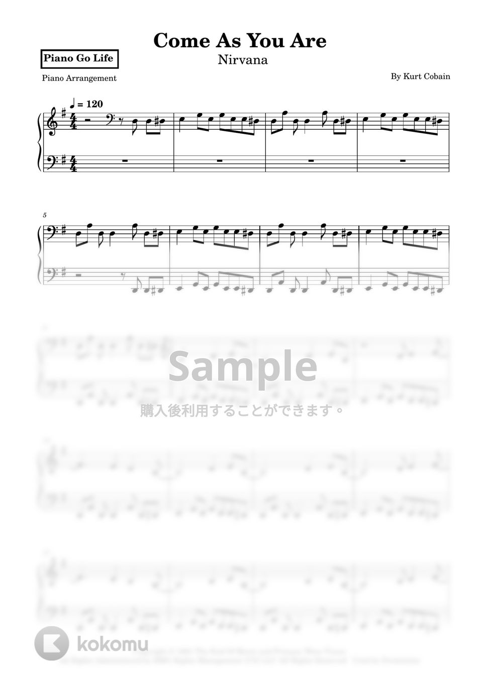 Nirvana Come As You Are 楽譜 by Piano Go Life