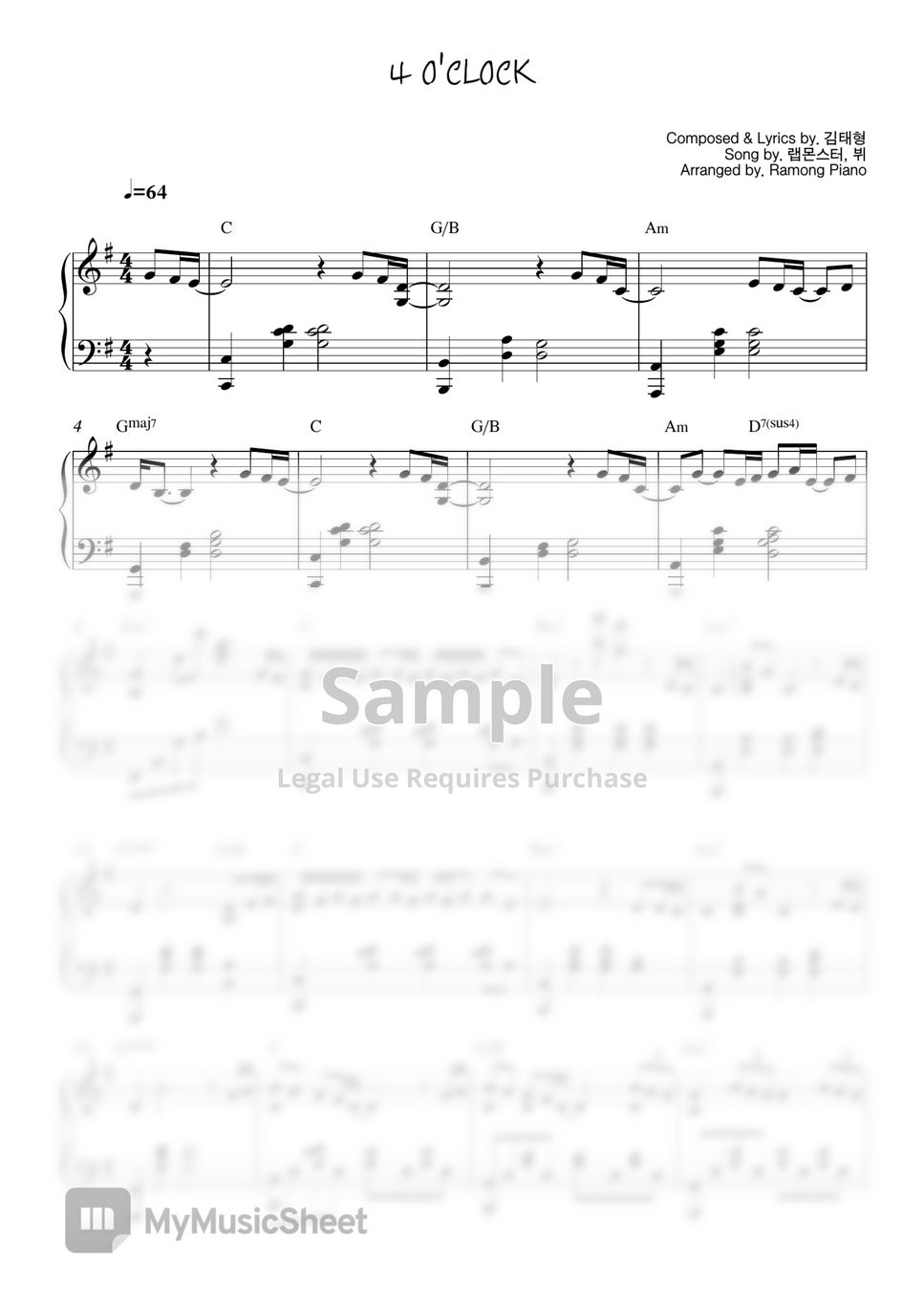 BTS V, RM 4 O'CLOCK Sheets by Ramong Piano