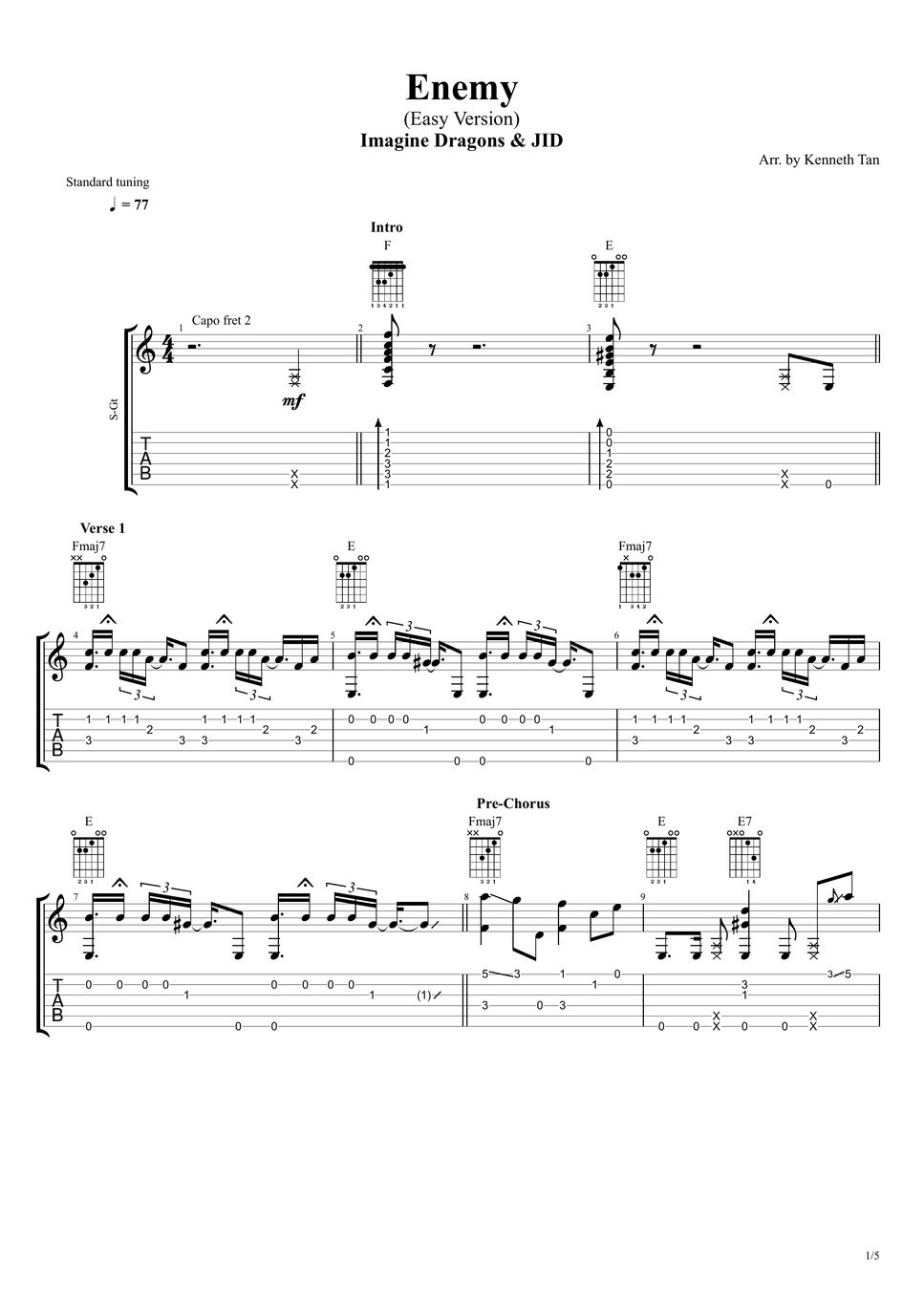 Imagine Dragons & JID Fingerstyle Guitar Enemy (Easy Version) Nuty