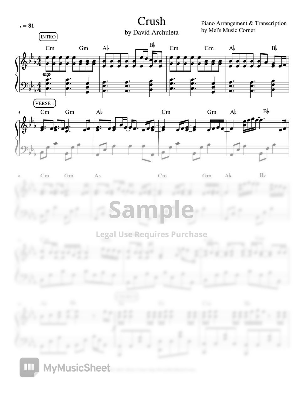 David Archuleta - Crush (piano sheet music) by Mel's Music Corner