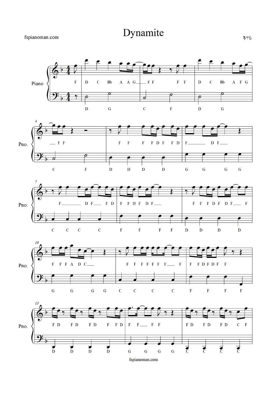 BTS - Dynamite(Notes Sheet Music For Piano ) Sheets By Freestyle Pianoman