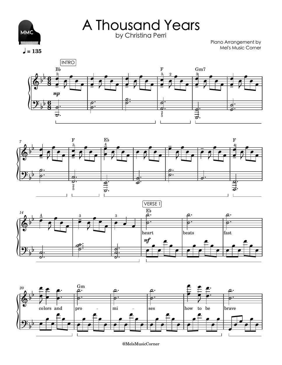 Christina Perri - A Thousand Years (piano sheet music) Sheets by Mel's ...