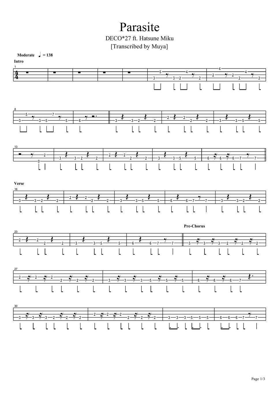 DECO*27 Parasite (Bass TAB) Sheets by Muya