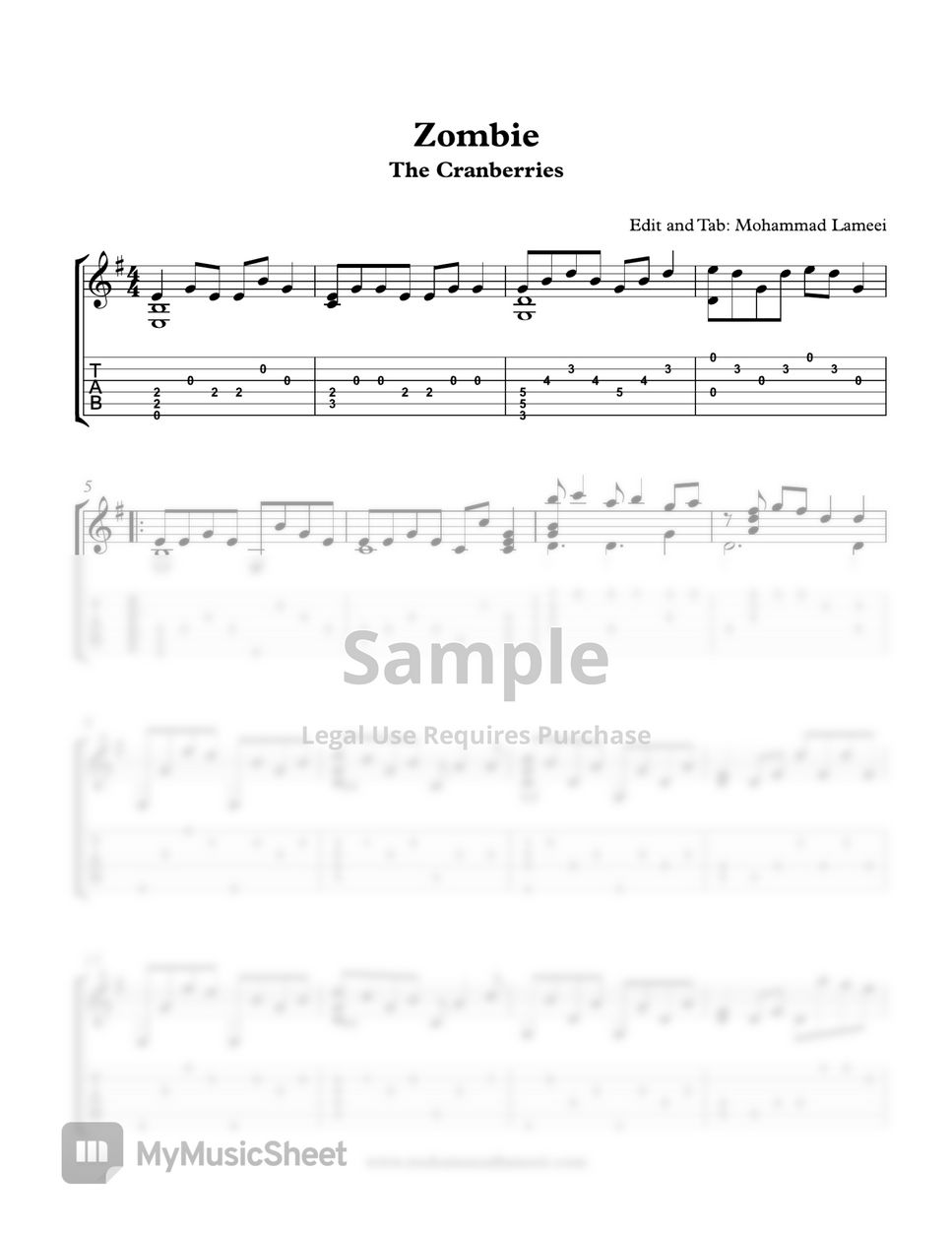 The Cranberries Zombie Tab + 단선 악보 by Mohammad lameei