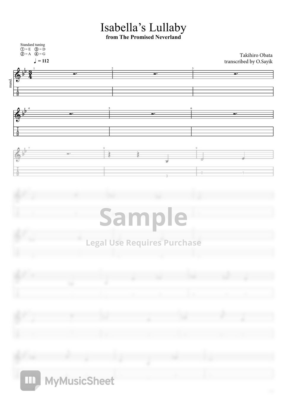 The Promised Neverland - Isabella's Lullaby (Mandolin Arrangement, No Capo,  Standard Tuning) Sheet Music by O.Sayik (Edora), image size:967x1368