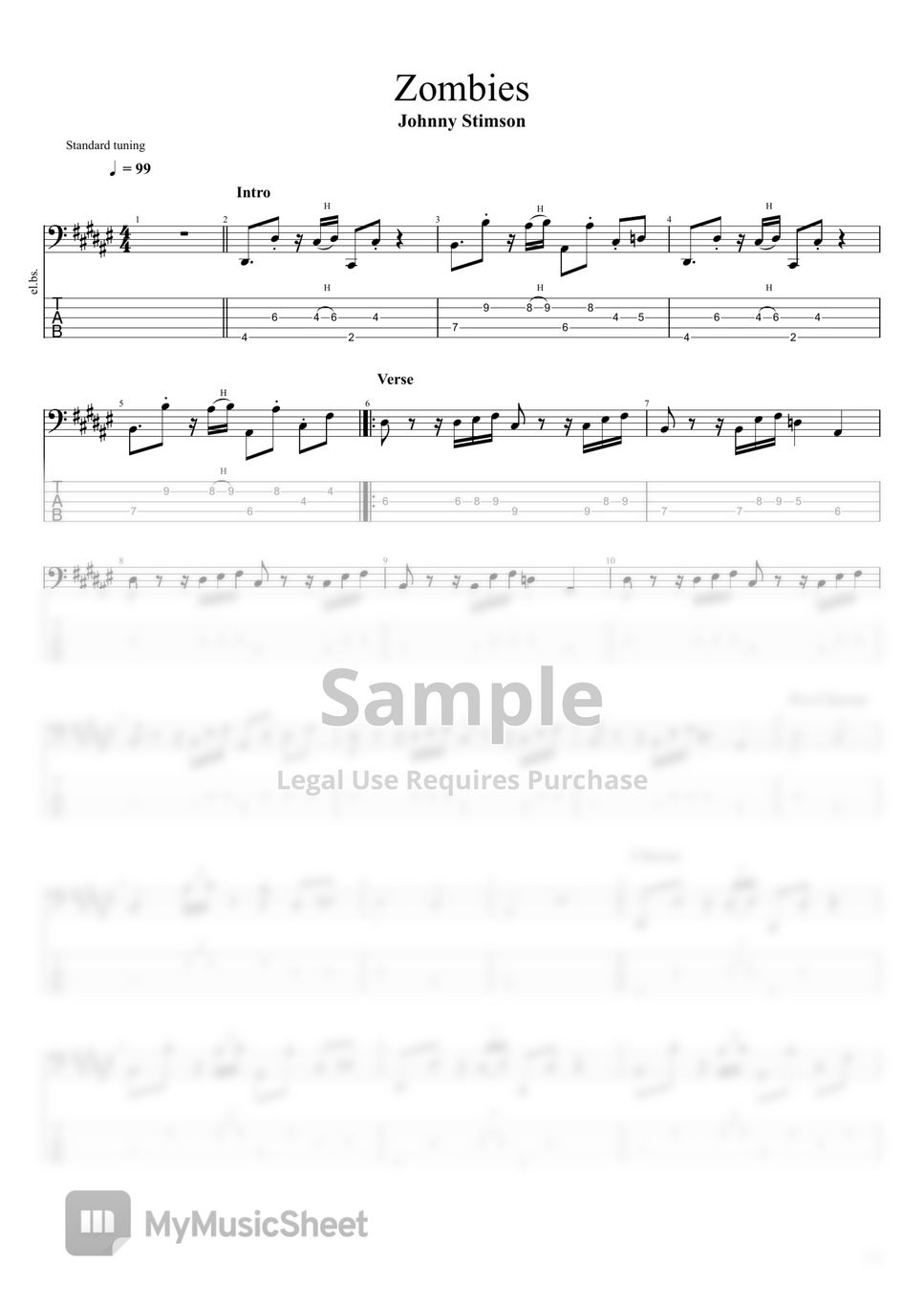 Johnny stimson zombies 5 strings bass original tab 1staff by tuna