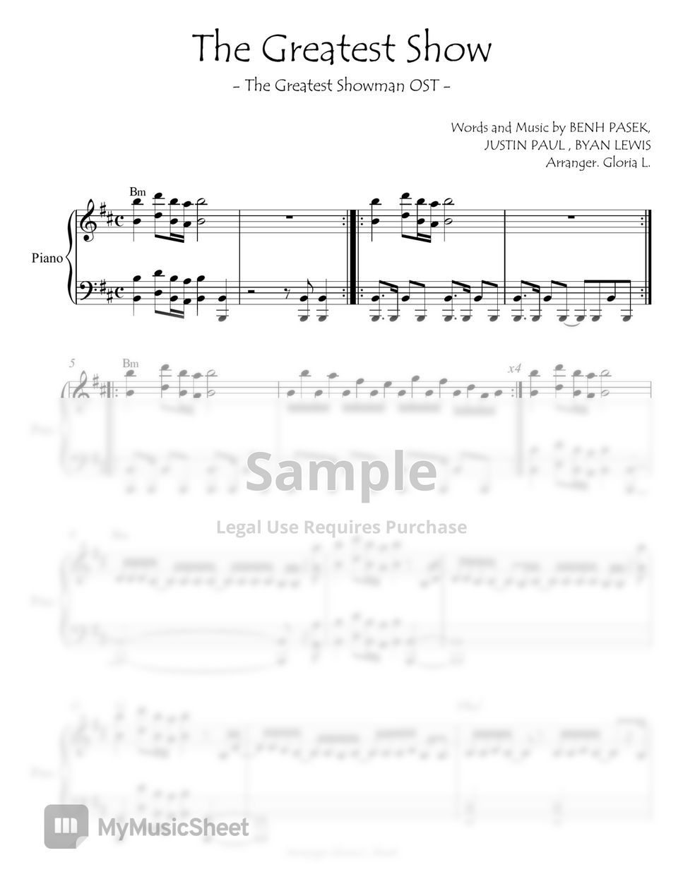 Hugh Jackman - The Greatest Show (The Greatest Showman OST) Piano Sheet by. Gloria L.