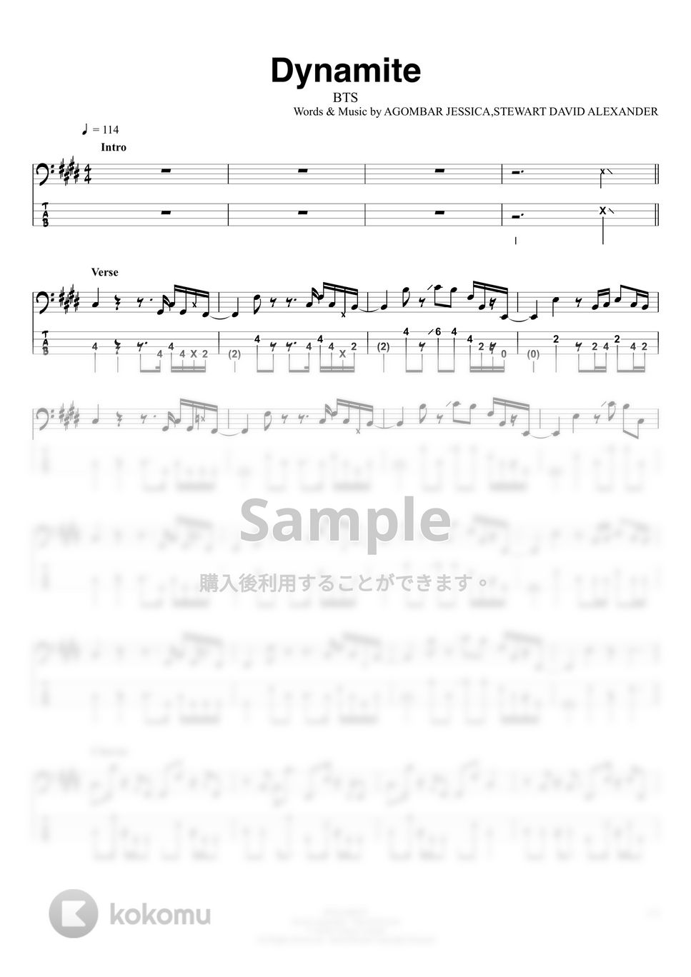 防弾少年団(BTS) - Dynamite (ベースTAB譜 / 4弦ベース対応) by swbass