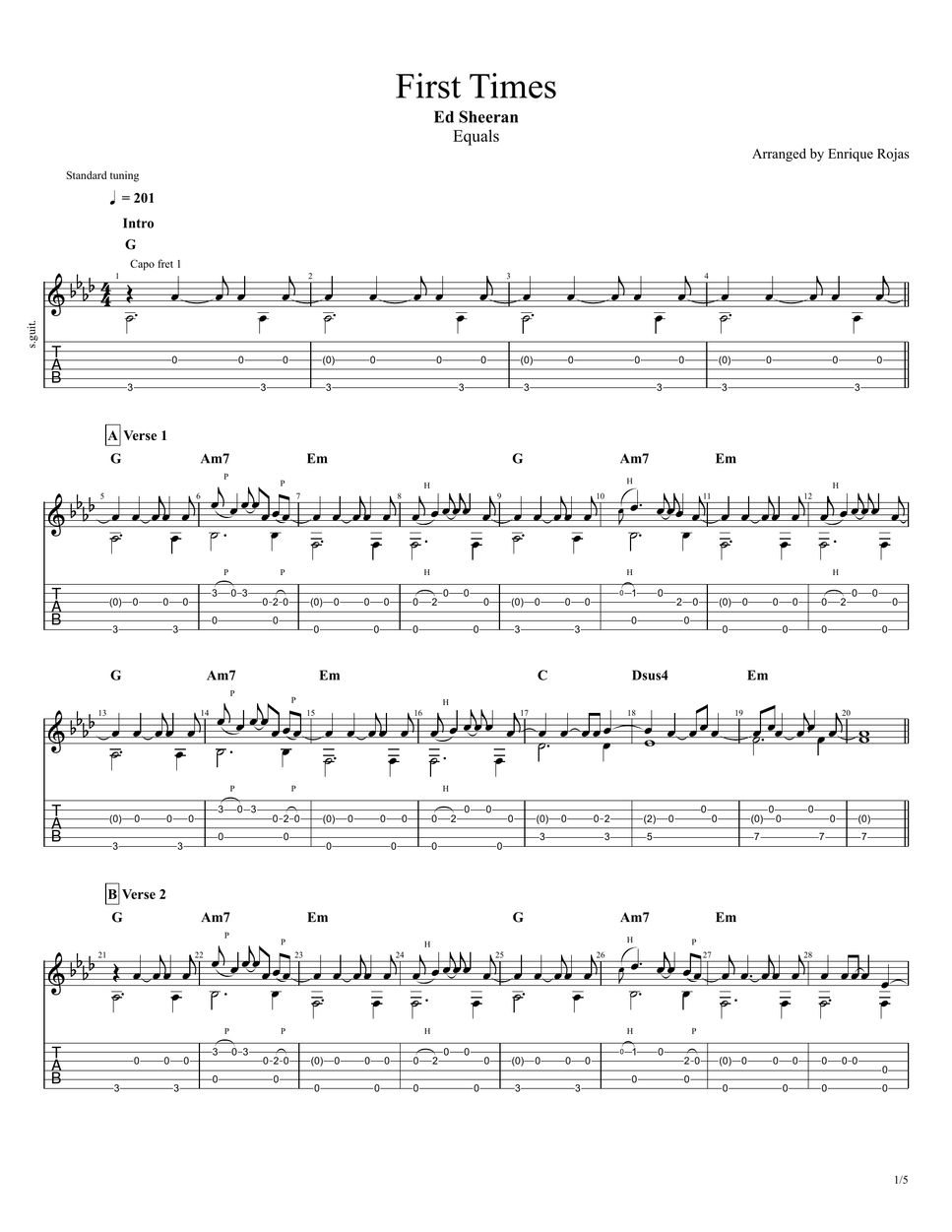 Ed Sheeran First Times (Solo Fingerstyle Guitar) Tab + 1staff by