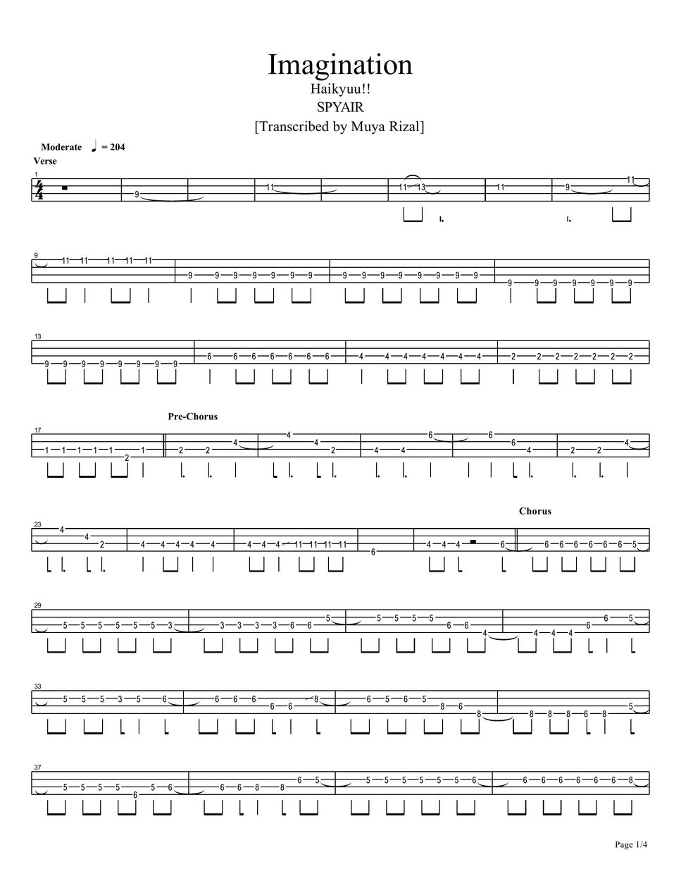 SPYAIR - Imagination (Bass TAB) Sheets by Muya