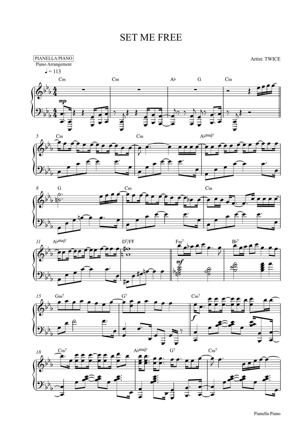 TWICE SET ME FREE Piano Sheet Spartito By Pianella Piano