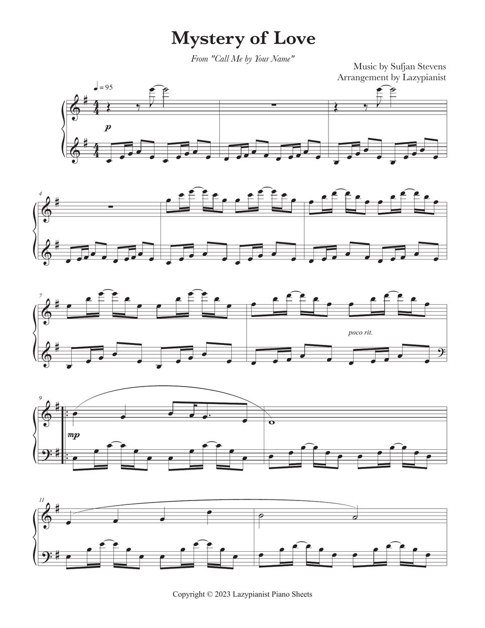 Sufjan Stevens Mystery of Love 악보 by Lazypianist