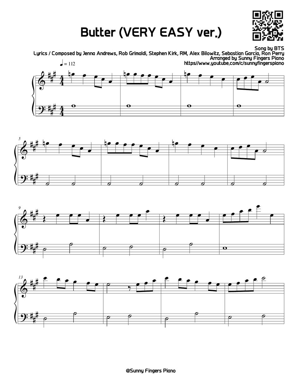 BTS Butter (VERY EASY) Sheets by Sunny Fingers Piano