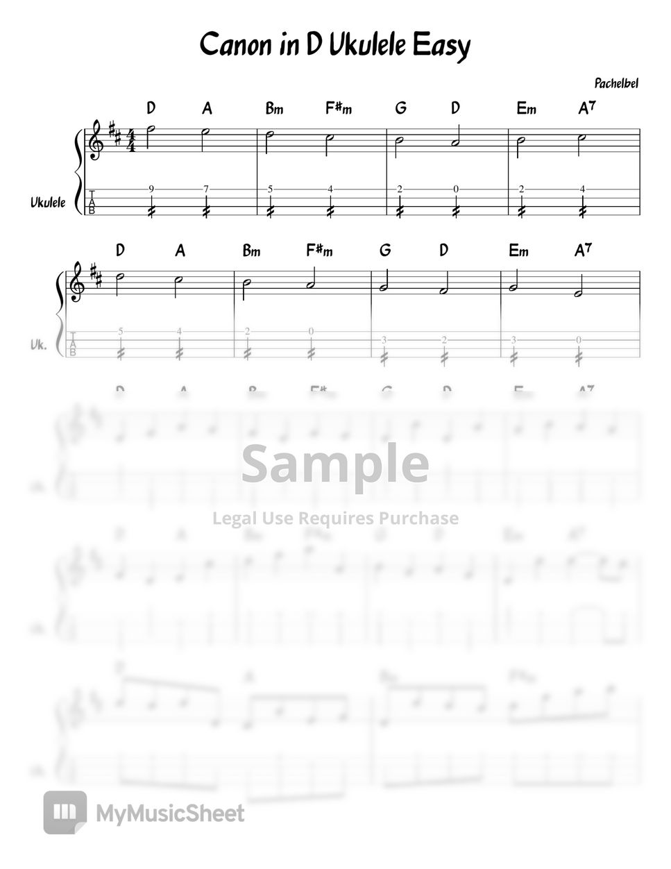 Pachelbel - Cannon in D Easy Original (Chord/Melody/Ukulele Tab) (Lead Sheet)