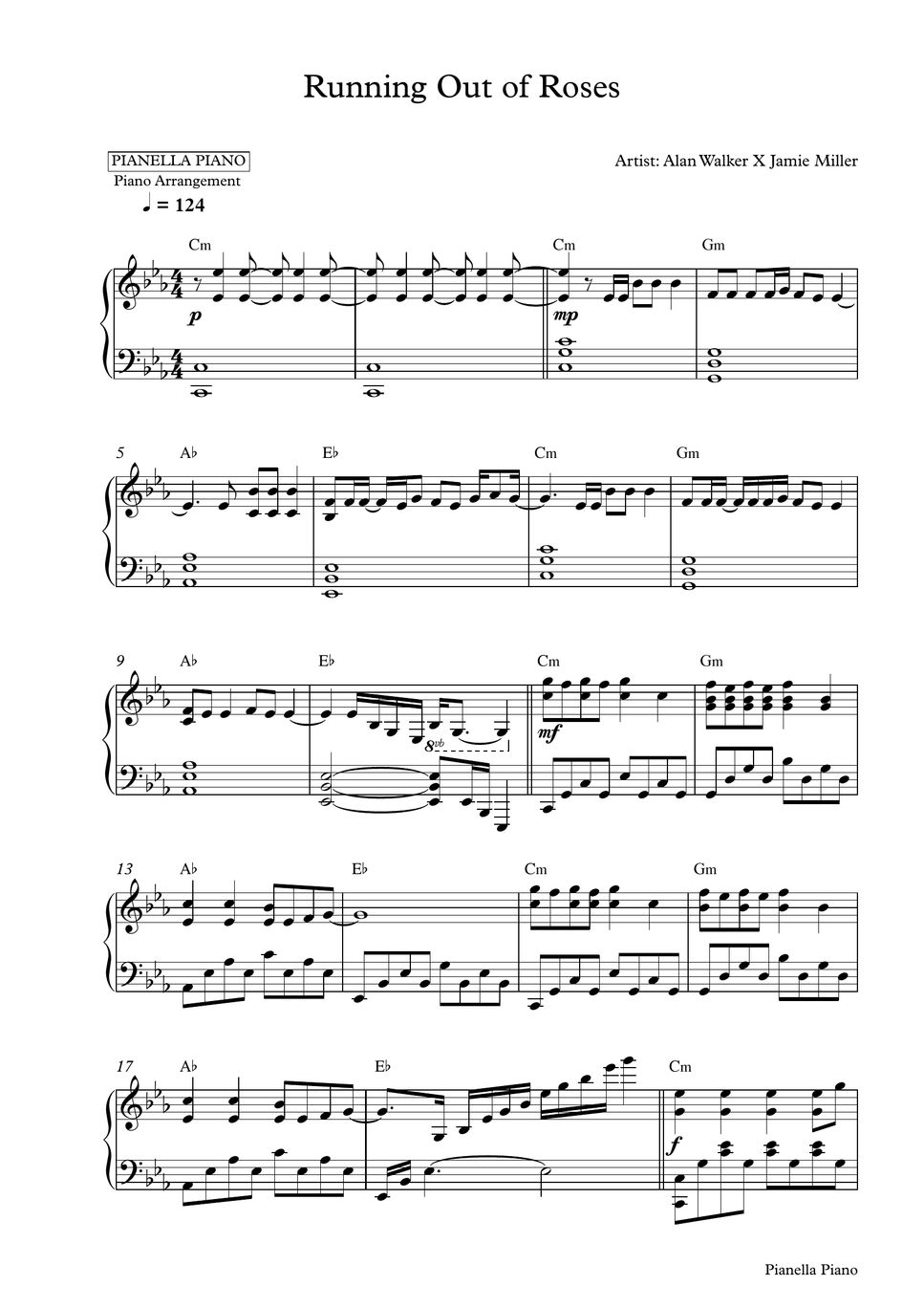 Alan walker x jamie miller running out of roses piano sheet sheets