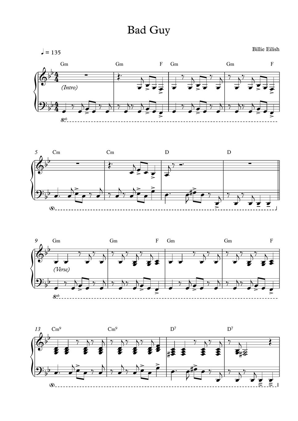 Billie Eilish Bad Guy (Original Key) Spartito by Pineapplechord