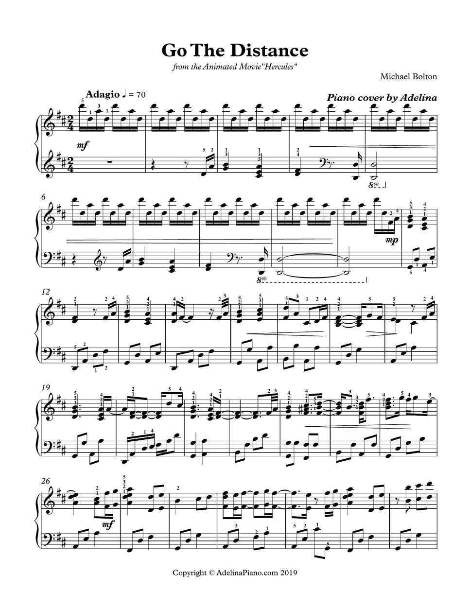 Michael Bolton Go The Distance Sheet By Adelina Piano 