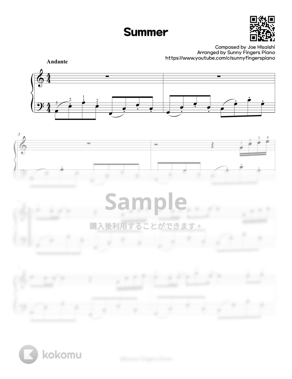 久石譲 - Summer (easy, original key+short ver. 3 collection) by Sunny Fingers Piano