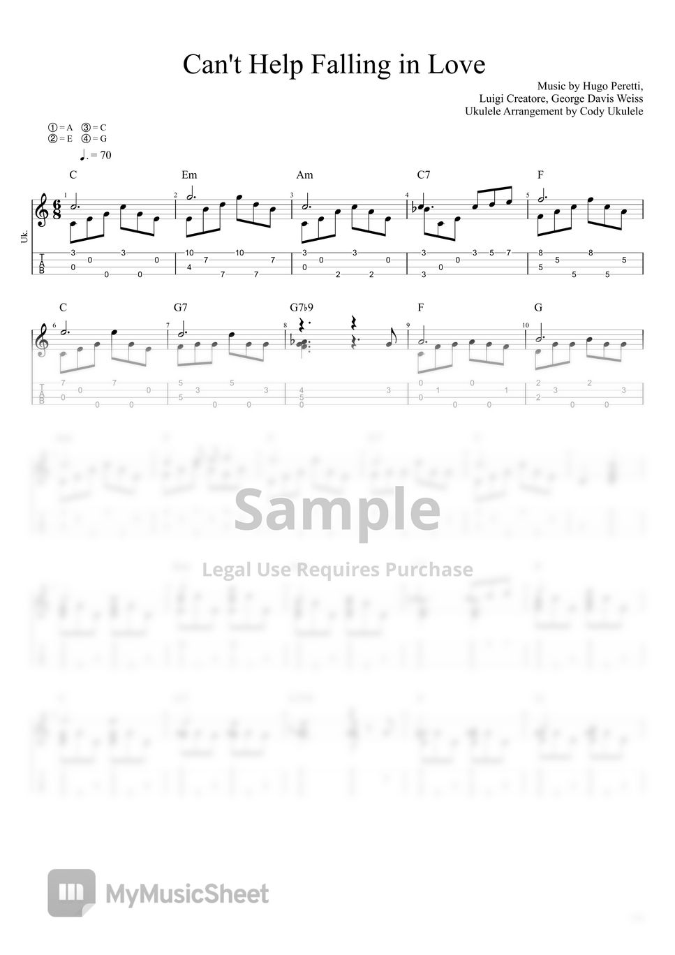 Elvis Presley Can't Help Falling In Love Tab + 1staff by Cody Ukulele