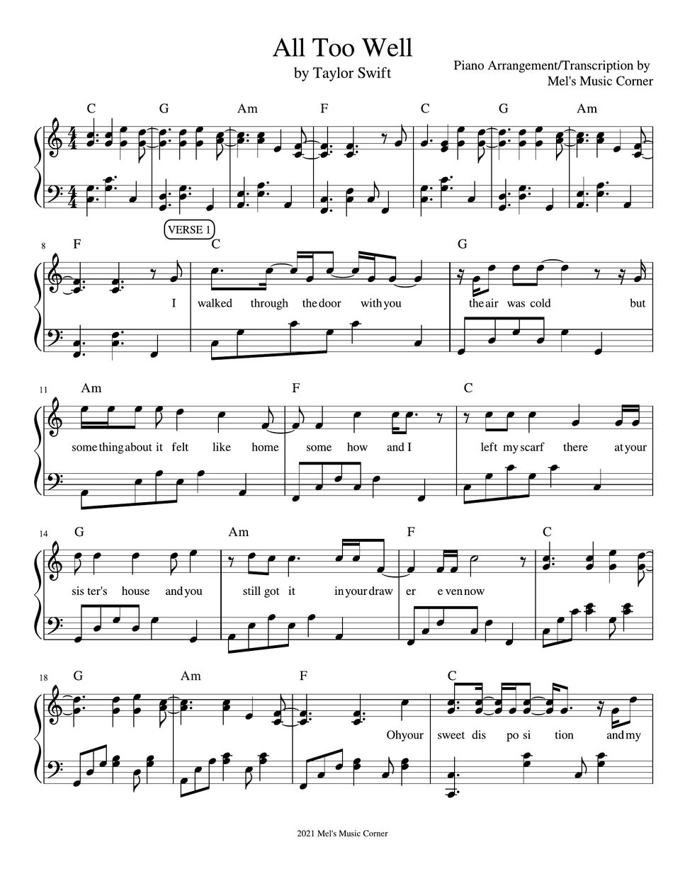 Taylor Swift All Too Well piano Sheet Music Spartito By Mel s Music 
