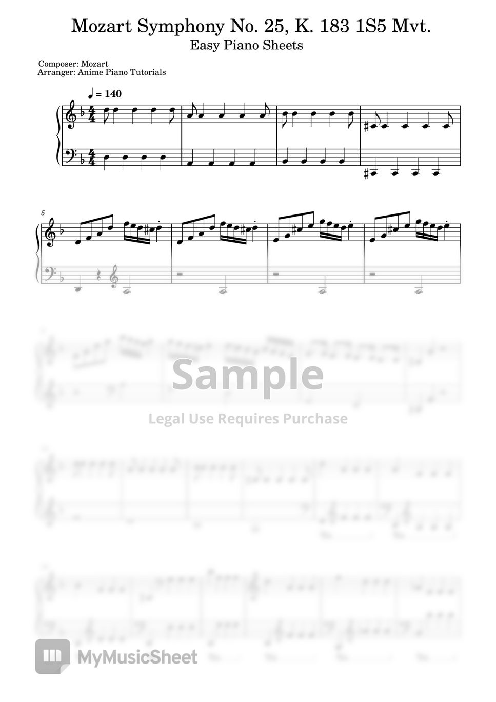 Mozart - Mozart Symphony No. 25, K 183 1S5 Mov (EASY) by Anime Piano Tutorials