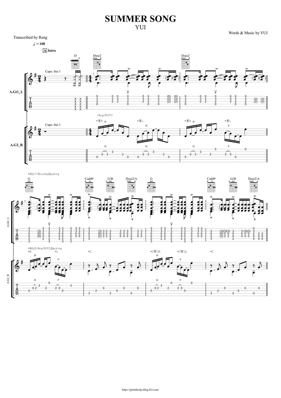 YUI - SUMMER SONG (A.Gts/capo1/TAB譜) by Score by Reng