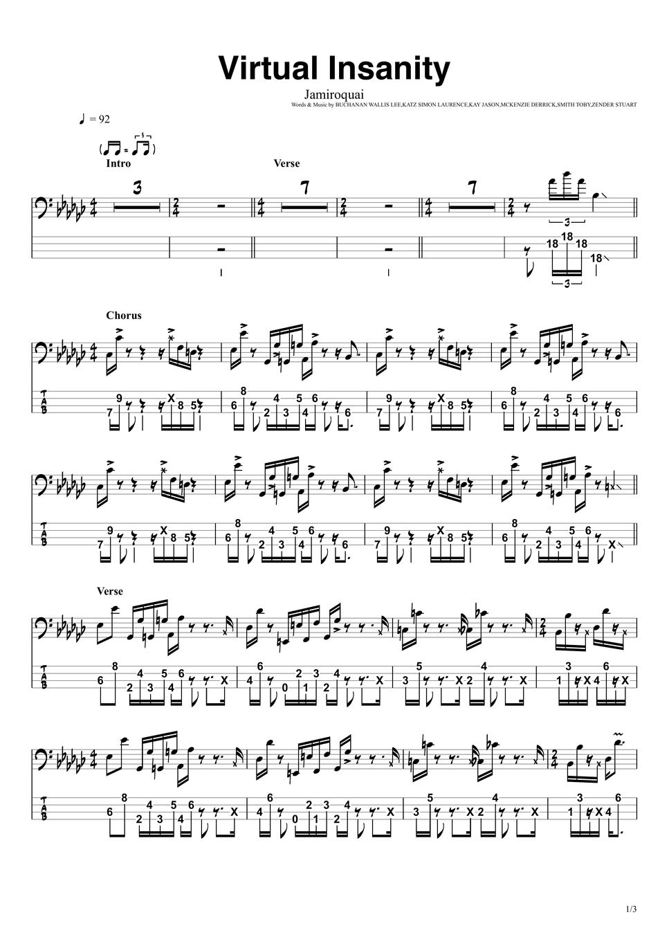 Jamiroquai Virtual Insanity (BassTAB 4strings) Sheets by swbass