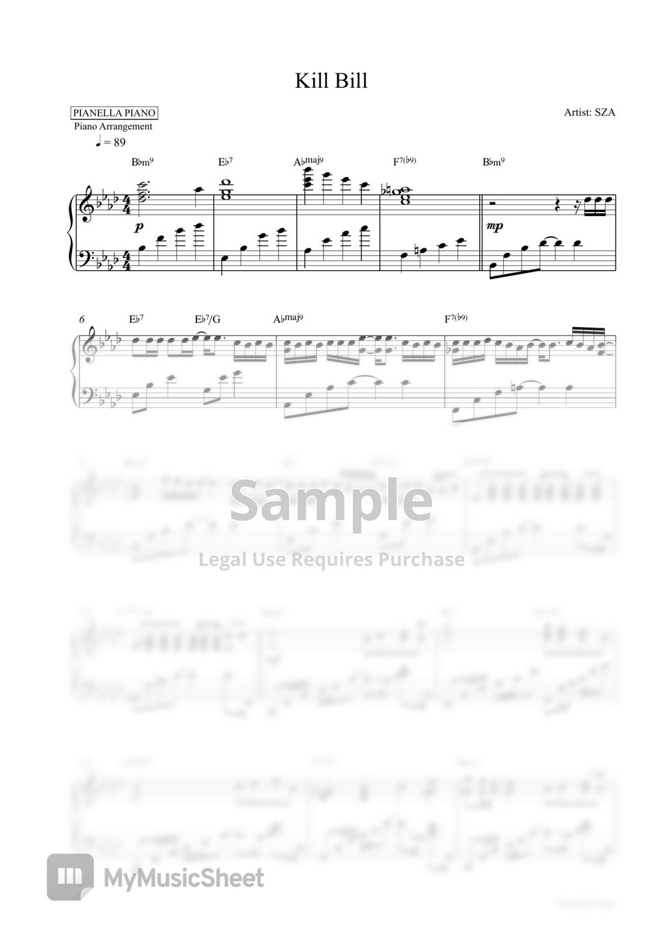SZA Kill Bill (Piano Sheet) 악보 by Pianella Piano